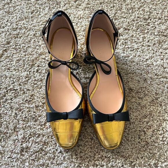 J. Crew Millie Bow Ankle Strap Heels in Metallic Croc Embossed Leather Gold 10 - Picture 3 of 12